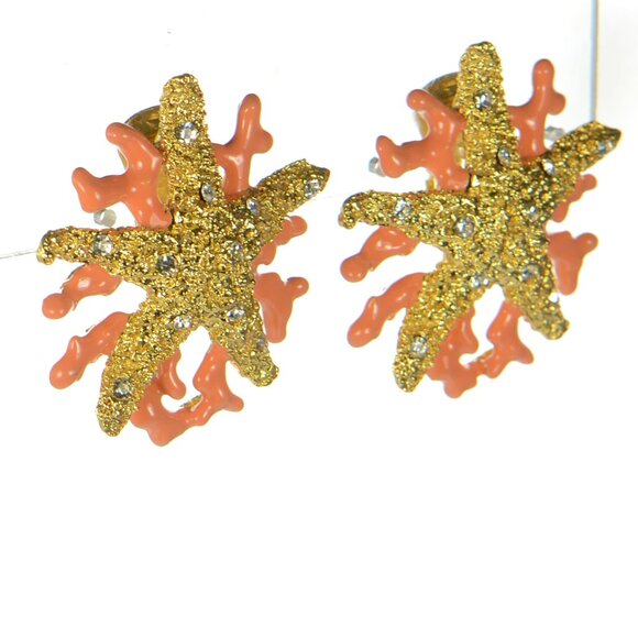 Kenneth Jay Lane KJL Crystal Starfish Coral Enamel Branch Earrings - Picture 2 of 8